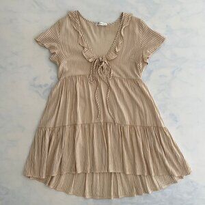 Cupshe Boho Tan & White Striped Ruffle Tie Front Cover Up Dress